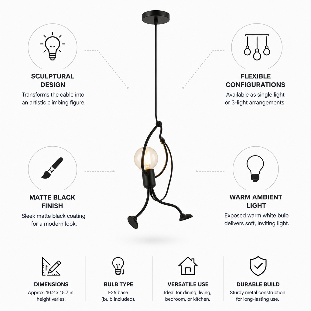 Matte Black Climbing Figure Exposed Bulb Pendant Light (Single Or 3-Light)