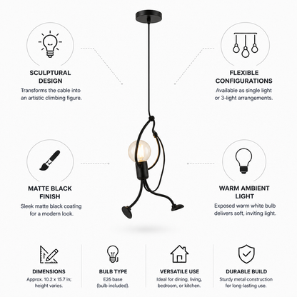 Matte Black Climbing Figure Exposed Bulb Pendant Light (Single Or 3-Light)
