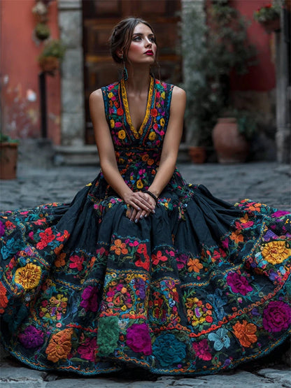 Maxi Dress Floral Print Sleeveless V-Neck