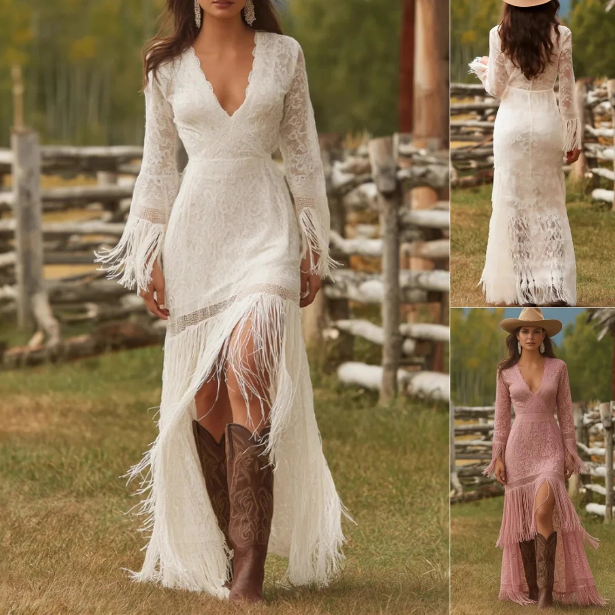 Maxi Dress Lace V-Neck Fringe Sleeves