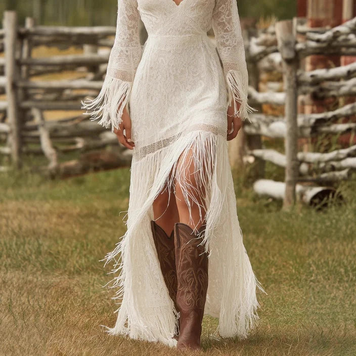 Maxi Dress Lace V-Neck Fringe Sleeves