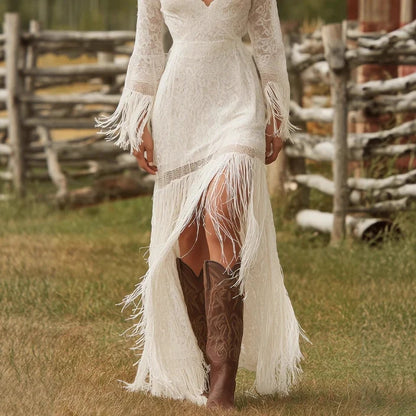 Maxi Dress Lace V-Neck Fringe Sleeves