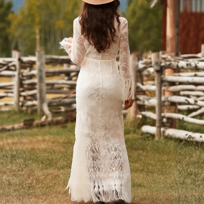 Maxi Dress Lace V-Neck Fringe Sleeves