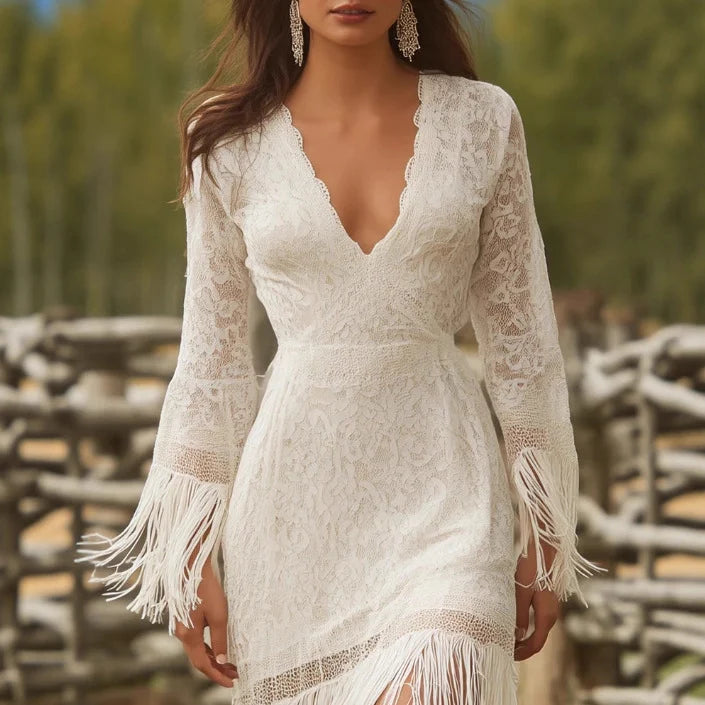 Maxi Dress Lace V-Neck Fringe Sleeves