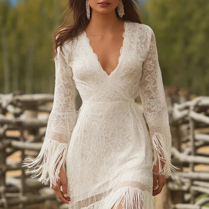 Maxi Dress Lace V-Neck Fringe Sleeves