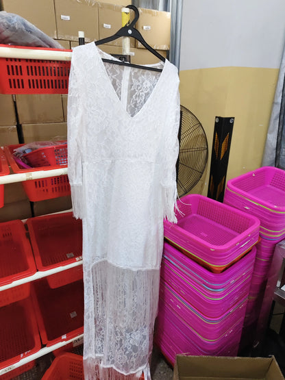 Maxi Dress Lace V-Neck Fringe Sleeves