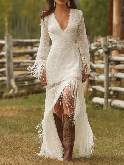 Maxi Dress Lace V-Neck Fringe Sleeves