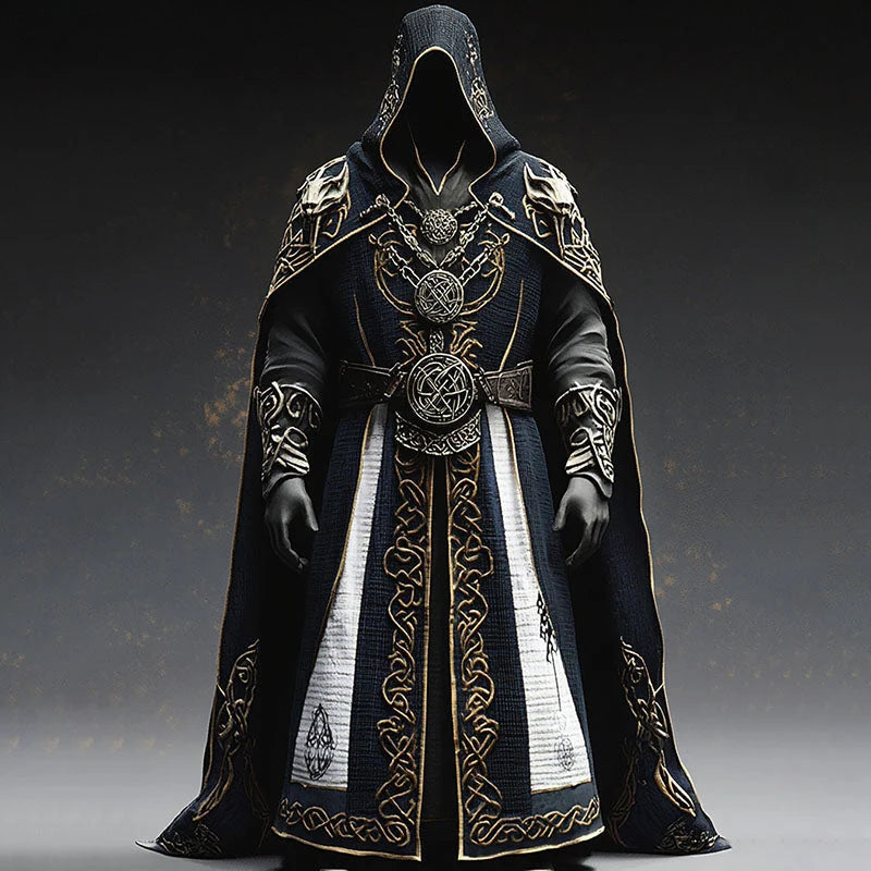 Medieval Cloak Black Hooded Celtic Embroidery Floor-Length Cape