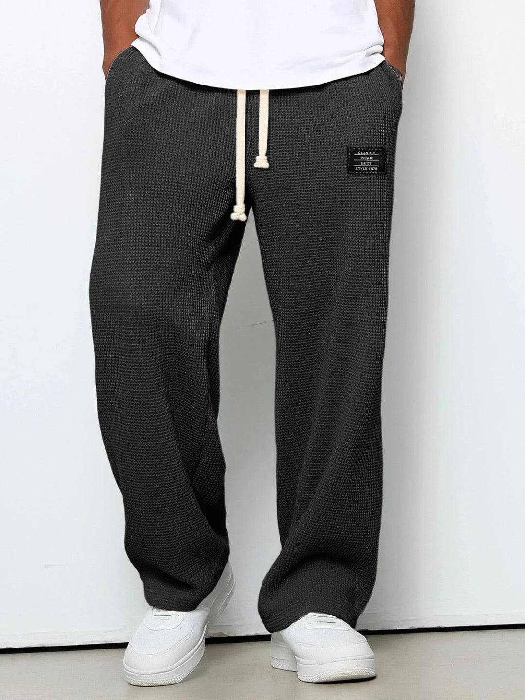 Men’s Trousers Waffle Knit Wide-Leg Elastic Drawstring Waist