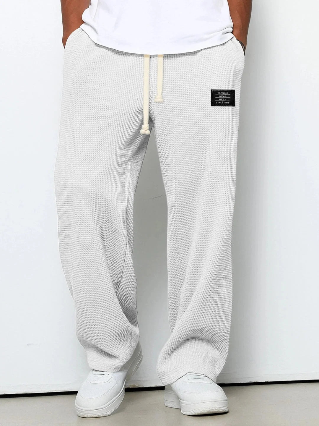 Men’s Trousers Waffle Knit Wide-Leg Elastic Drawstring Waist