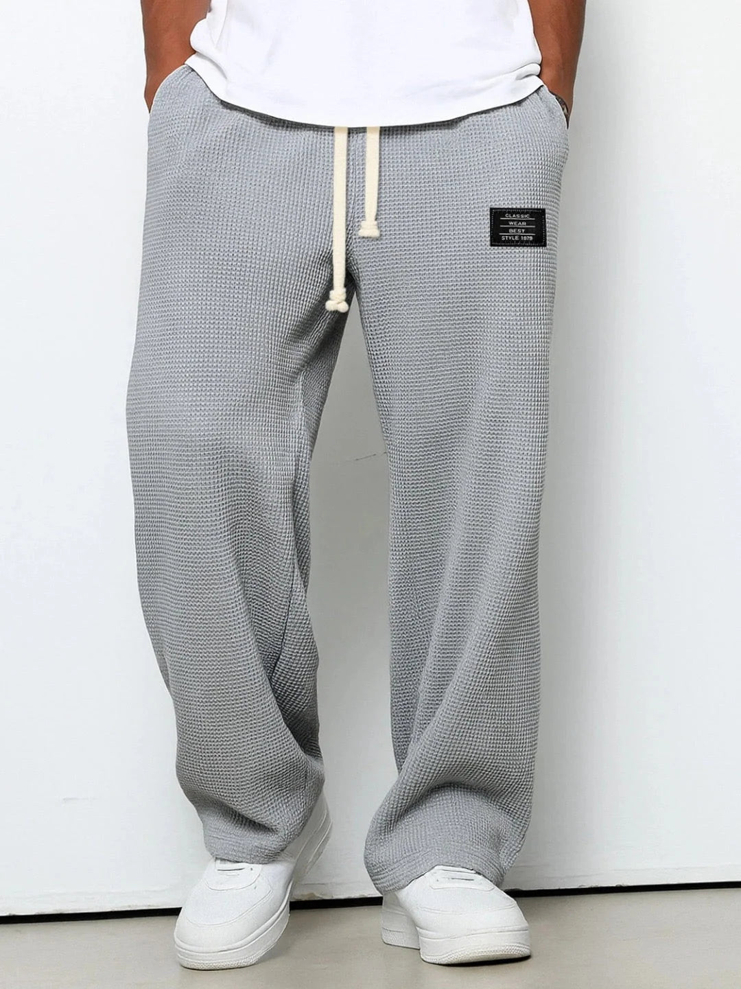 Men’s Trousers Waffle Knit Wide-Leg Elastic Drawstring Waist
