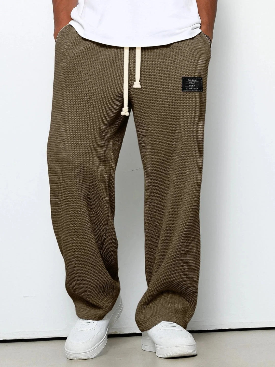 Men’s Trousers Waffle Knit Wide-Leg Elastic Drawstring Waist