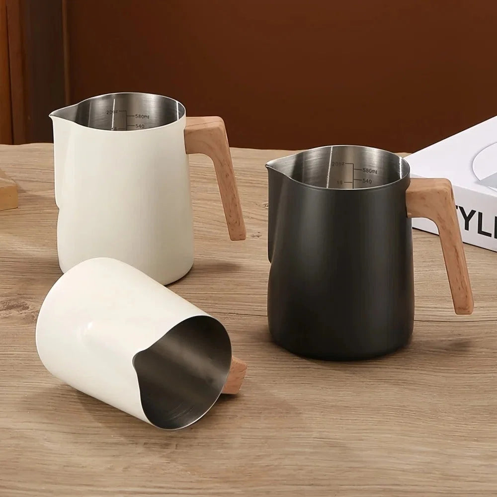 Milk Frothing Pitcher Stainless Steel Wood-Effect Handle Internal Scale