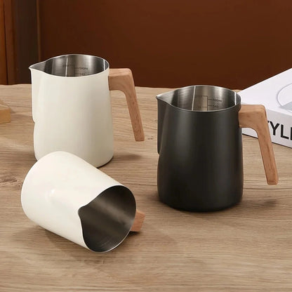 Milk Frothing Pitcher Stainless Steel Wood-Effect Handle Internal Scale