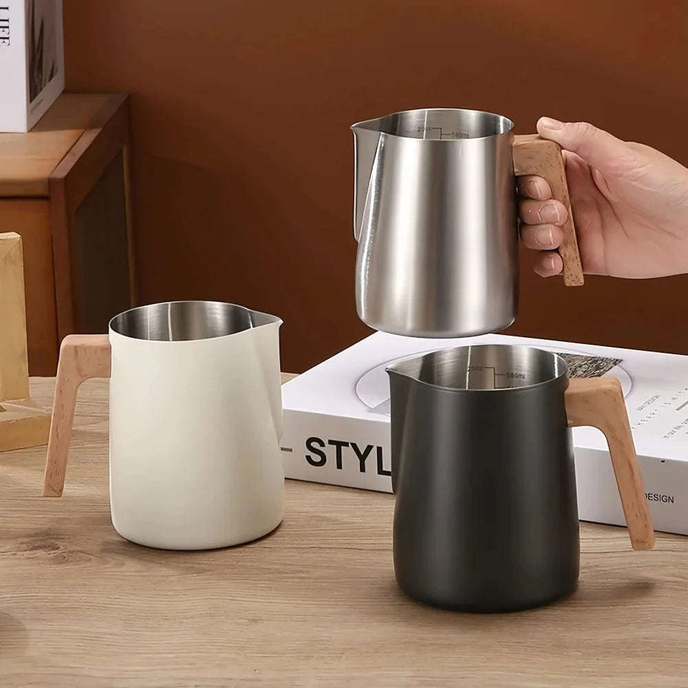 Milk Frothing Pitcher Stainless Steel Wood-Effect Handle Internal Scale