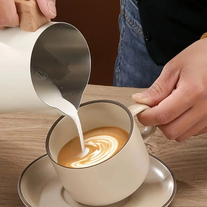 Milk Frothing Pitcher Stainless Steel Wood-Effect Handle Internal Scale