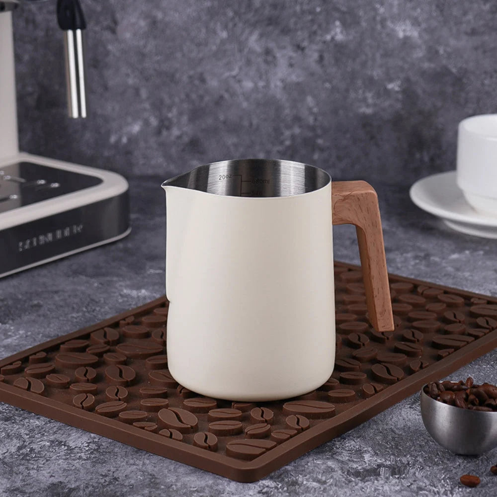Milk Frothing Pitcher Stainless Steel Wood-Effect Handle Internal Scale