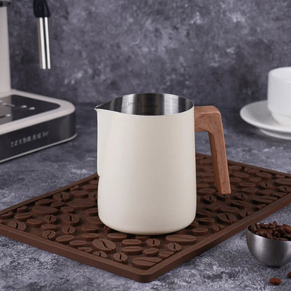 Milk Frothing Pitcher Stainless Steel Wood-Effect Handle Internal Scale