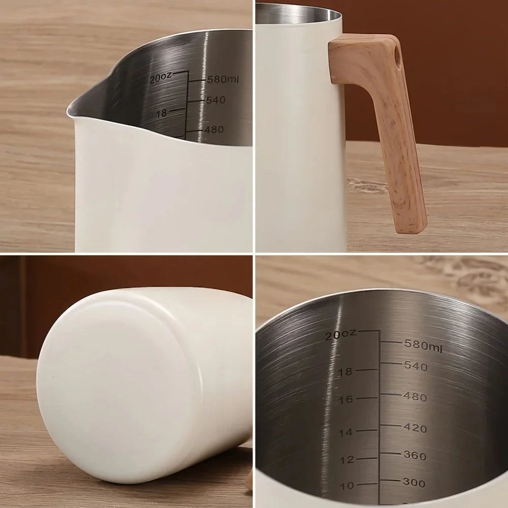 Milk Frothing Pitcher Stainless Steel Wood-Effect Handle Internal Scale