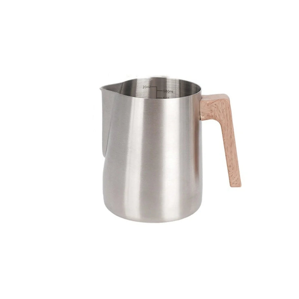 Milk Frothing Pitcher Stainless Steel Wood-Effect Handle Internal Scale