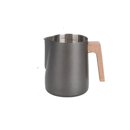 Milk Frothing Pitcher Stainless Steel Wood-Effect Handle Internal Scale