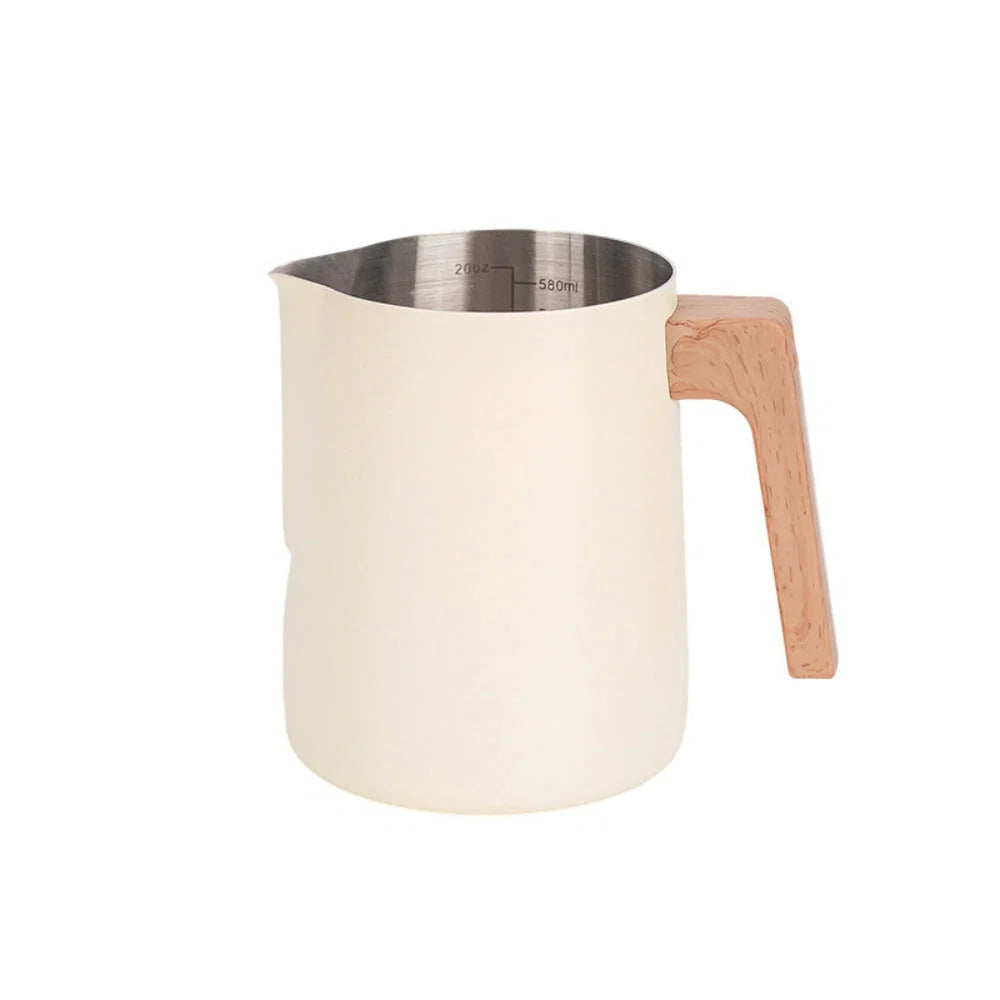 Milk Frothing Pitcher Stainless Steel Wood-Effect Handle Internal Scale
