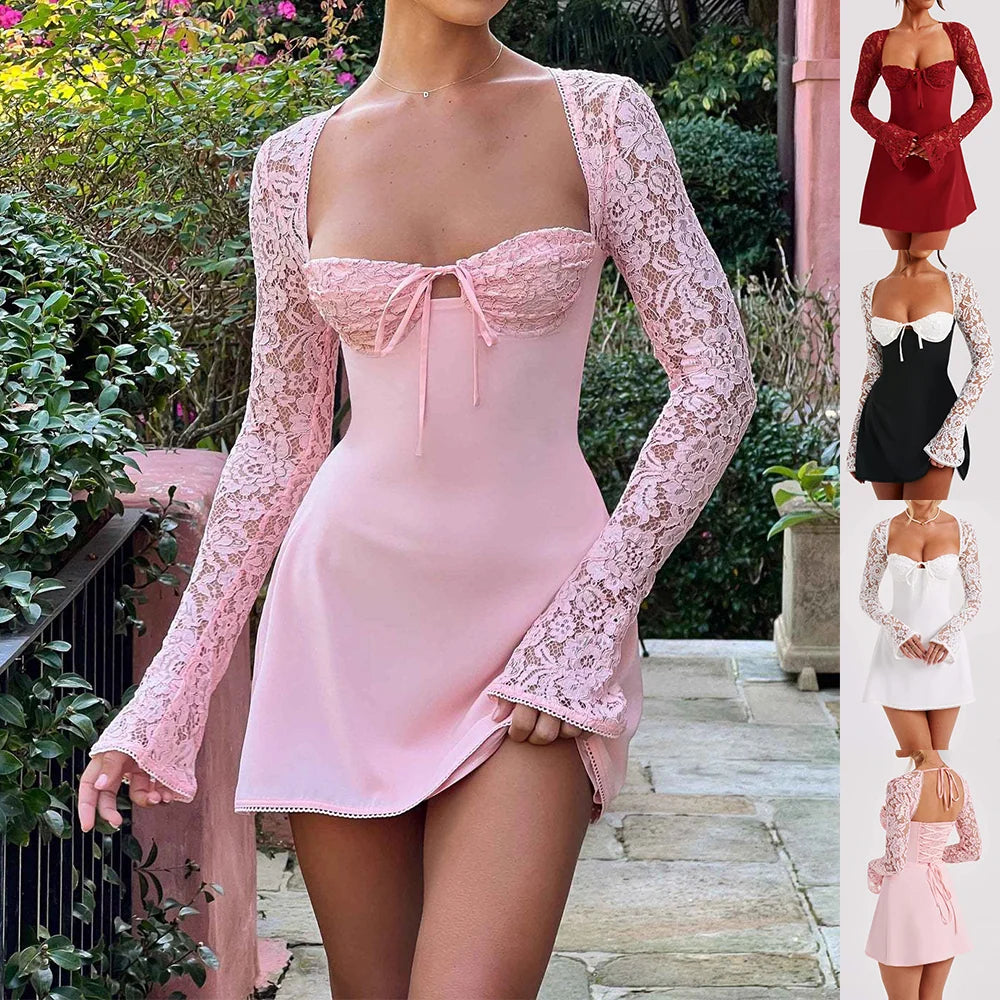 Mini Dress Lace Long Sleeve Backless Lace-Up Corset