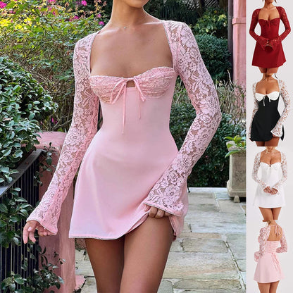 Mini Dress Lace Long Sleeve Backless Lace-Up Corset