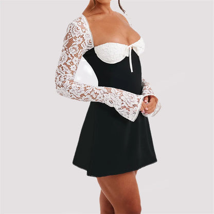 Mini Dress Lace Long Sleeve Backless Lace-Up Corset