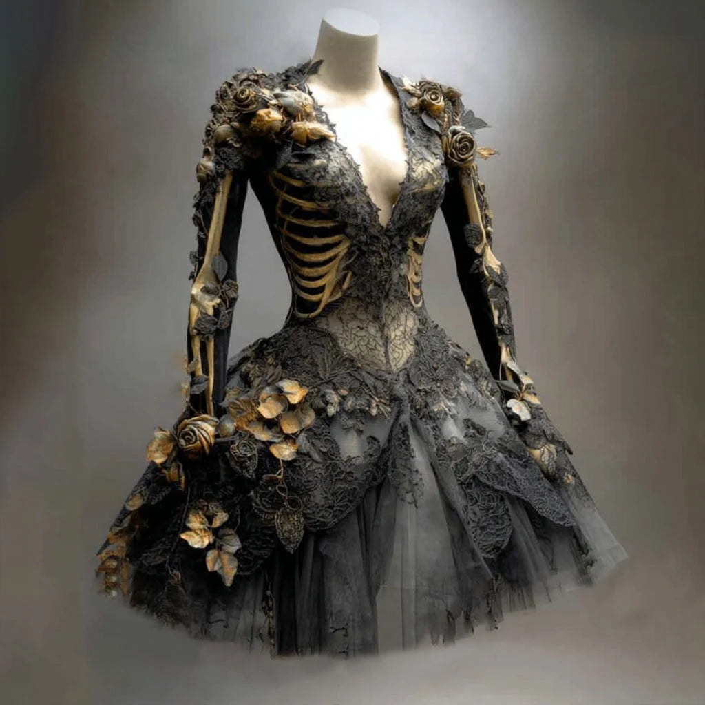 Mini Dress Long Sleeve Gothic Skeleton Motif Tiered Skirt