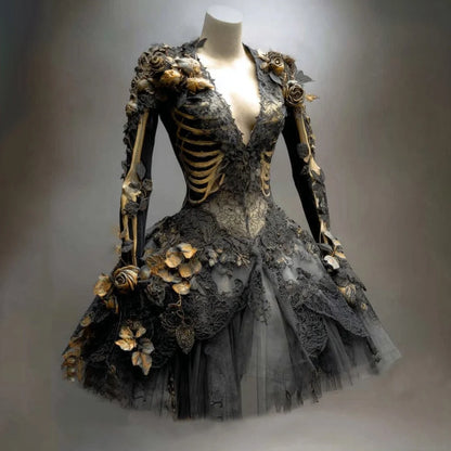 Mini Dress Long Sleeve Gothic Skeleton Motif Tiered Skirt