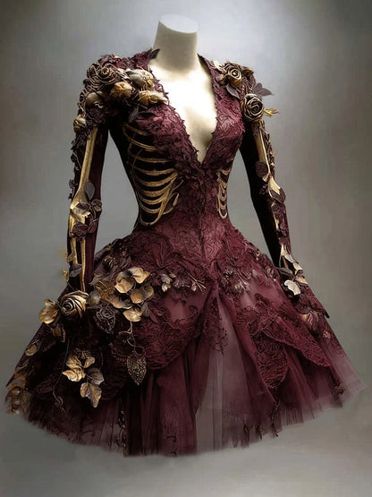 Mini Dress Long Sleeve Gothic Skeleton Motif Tiered Skirt