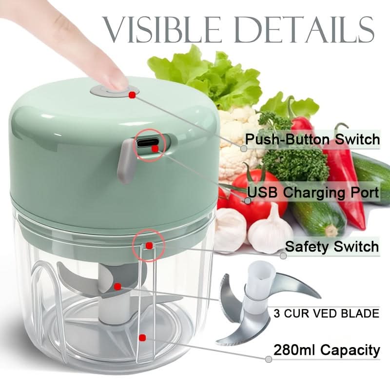 Mini Food Chopper USB Rechargeable Cordless One-Touch