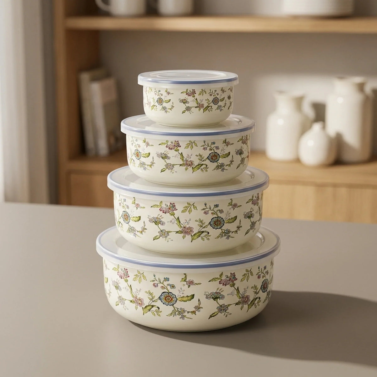 Mixing Bowl Set Enamel Nesting Space-Saving Floral Designs