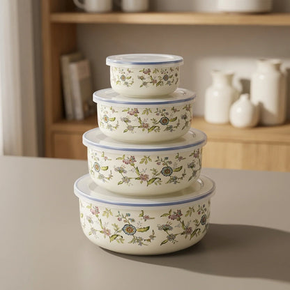 Mixing Bowl Set Enamel Nesting Space-Saving Floral Designs