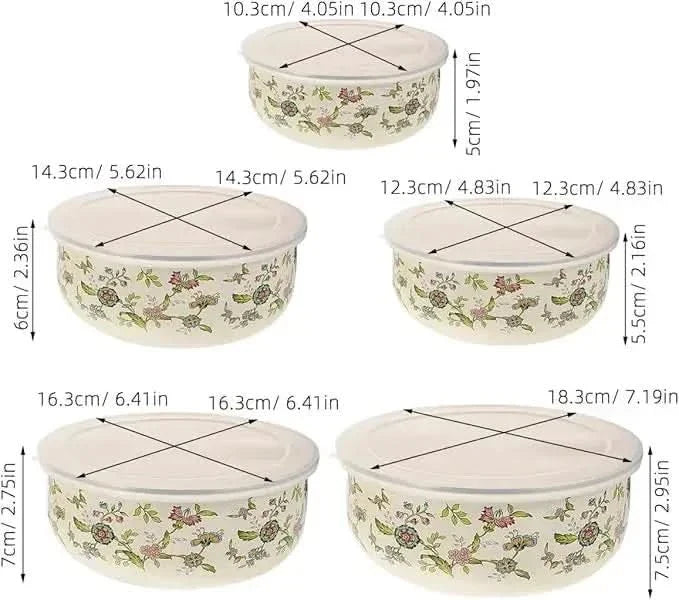 Mixing Bowl Set Enamel Nesting Space-Saving Floral Designs