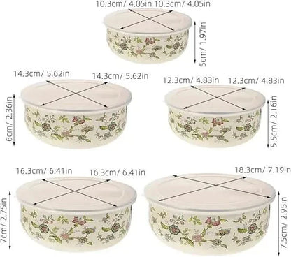 Mixing Bowl Set Enamel Nesting Space-Saving Floral Designs