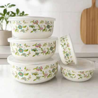 Mixing Bowl Set Enamel Nesting Space-Saving Floral Designs