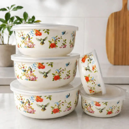 Mixing Bowl Set Enamel Nesting Space-Saving Floral Designs