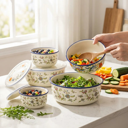 Mixing Bowl Set Enamel Nesting Space-Saving Floral Designs