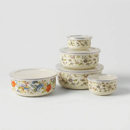 Mixing Bowl Set Enamel Nesting Space-Saving Floral Designs