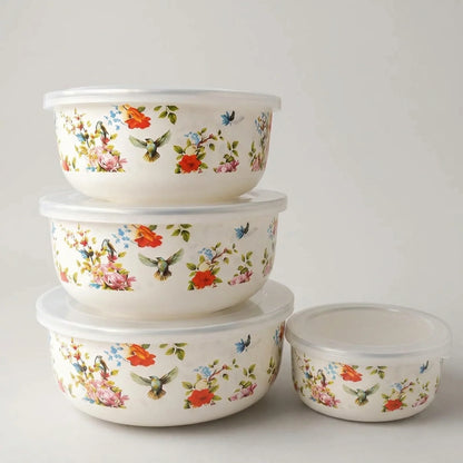 Mixing Bowl Set Enamel Nesting Space-Saving Floral Designs