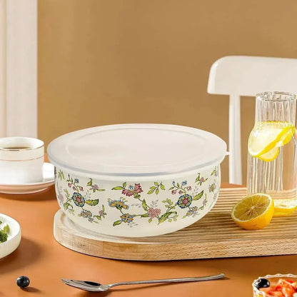 Mixing Bowl Set Enamel Nesting Space-Saving Floral Designs