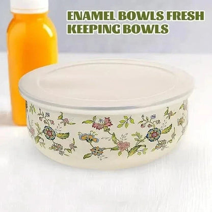 Mixing Bowl Set Enamel Nesting Space-Saving Floral Designs