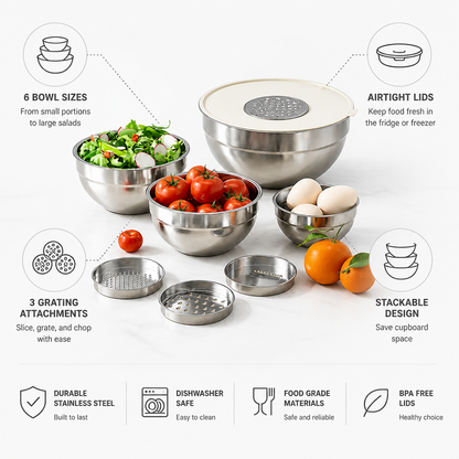 Mixing Bowl Set Stainless Steel Airtight Lids & Graters