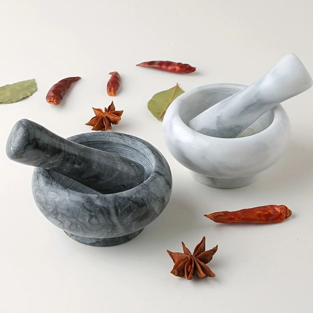 Mortar and Pestle Set Natural Marble Textured Interior Two-Piece