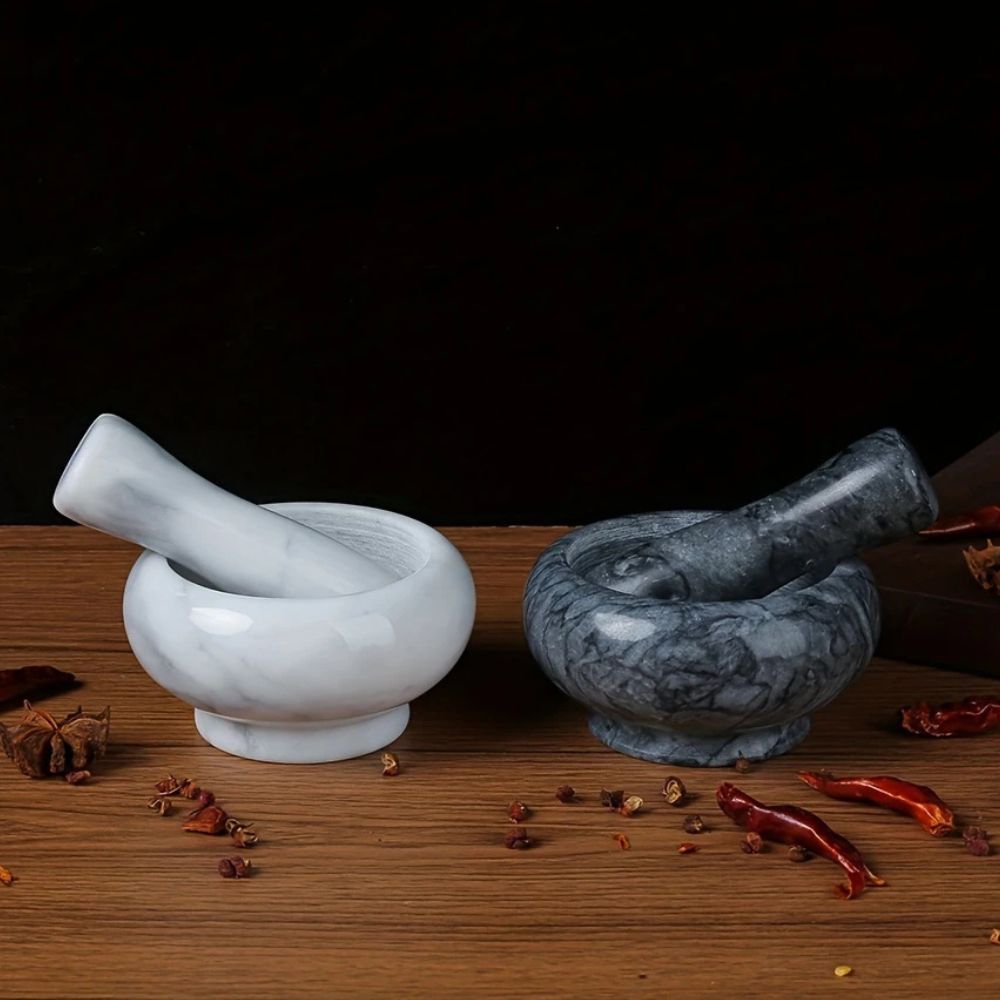 Mortar and Pestle Set Natural Marble Textured Interior Two-Piece