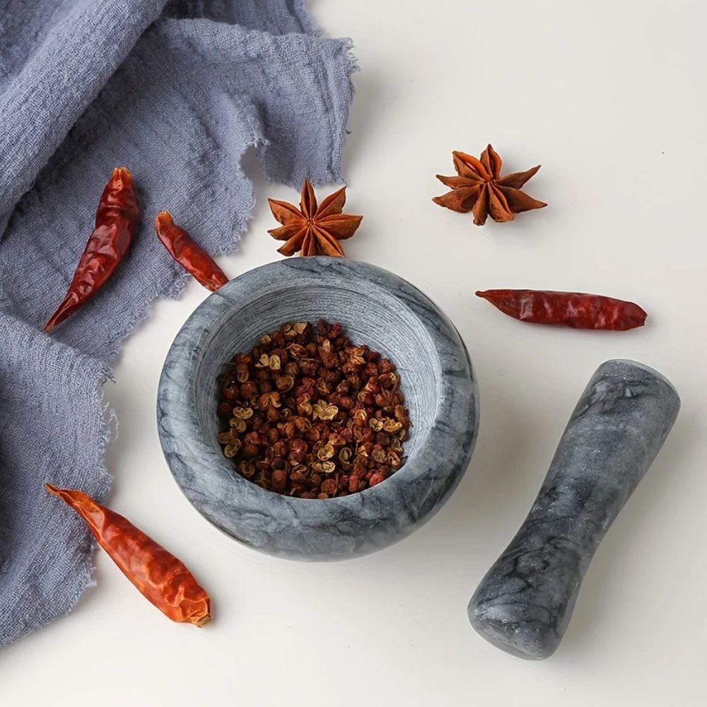 Mortar and Pestle Set Natural Marble Textured Interior Two-Piece