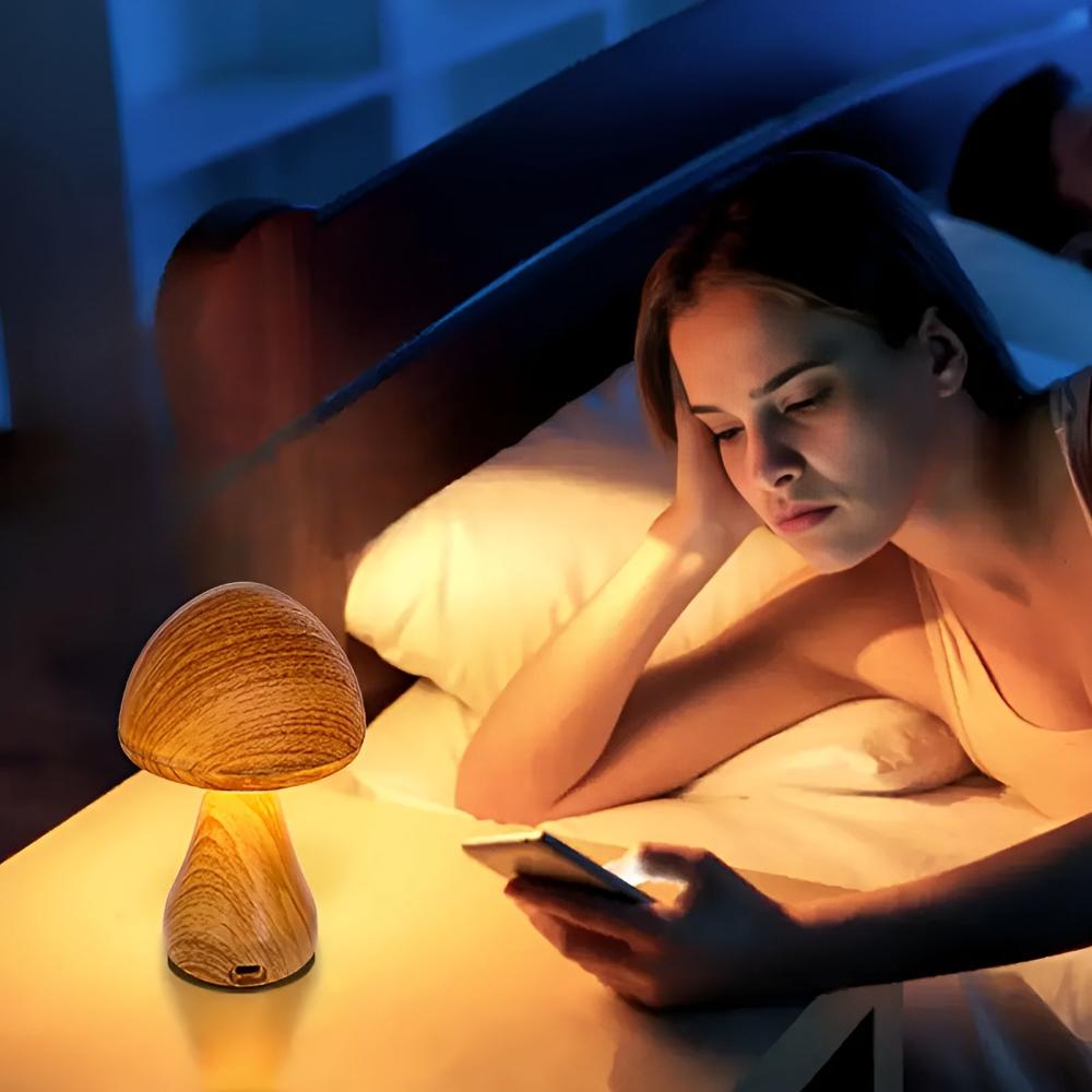 Mushroom Lamp Wood Grain USB-C Rechargeable