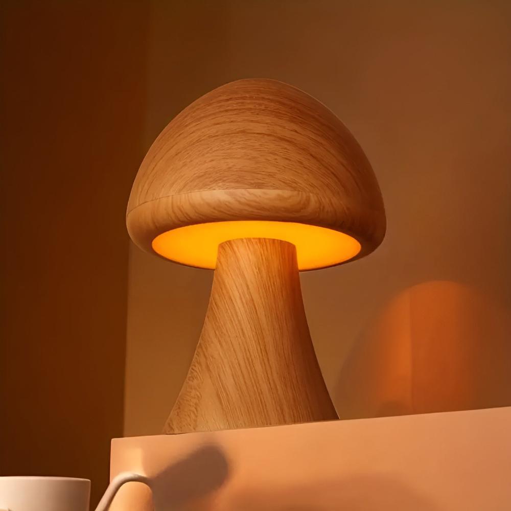 Mushroom Lamp Wood Grain USB-C Rechargeable